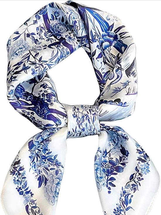 Accessories - Blue Lightweight Satin Floral Neck Scarf Bandana